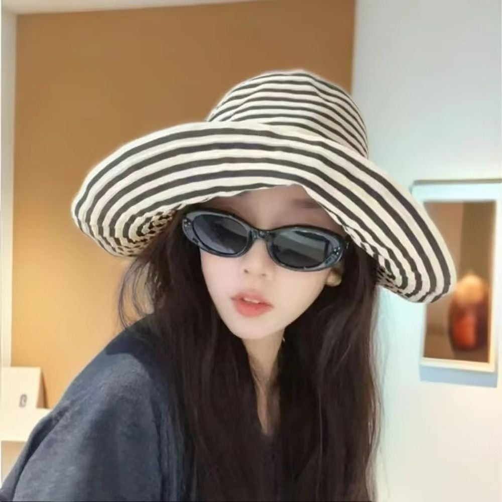 1Pcs Durable Sunproof Striped Bucket Hat Foldable Retro Summer Hat Big Head Circumference Fashion Sunscreen Basin Hat Women