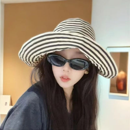 1Pcs Durable Sunproof Striped Bucket Hat Foldable Retro Summer Hat Big Head Circumference Fashion Sunscreen Basin Hat Women