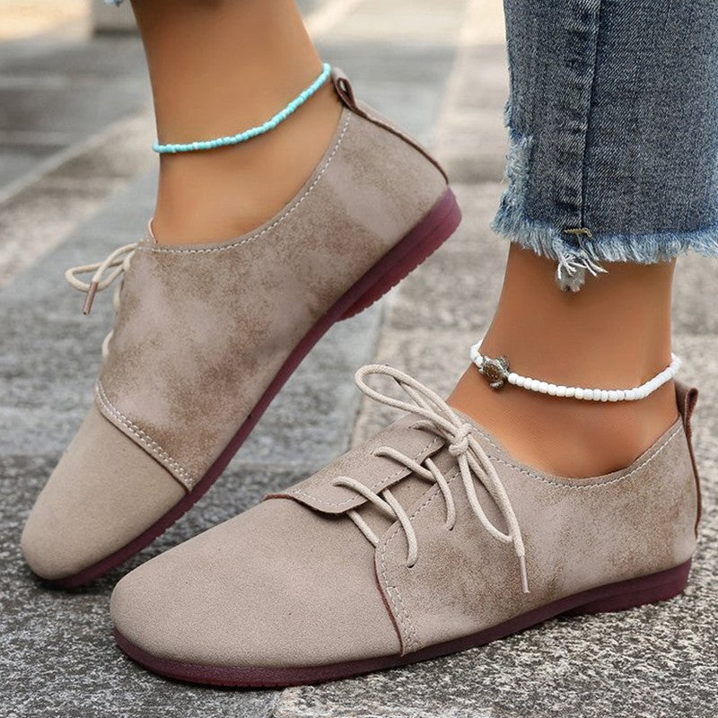 Brown Round Toe Flats Shoes Women 2025 Faux Suede Lace Up Flat Shoes for Woman Plus Size 43 Soft Walking Casual Shoes Female