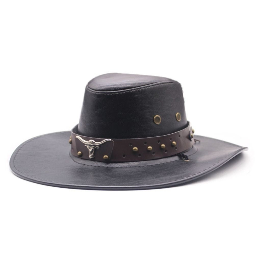Simple PU Leather Western Cowboy Hat Big Brim Drawstring Sunscrean Bucket Cap Outdoor Travel Hat Hiking Hat Fisherman Hat Travel