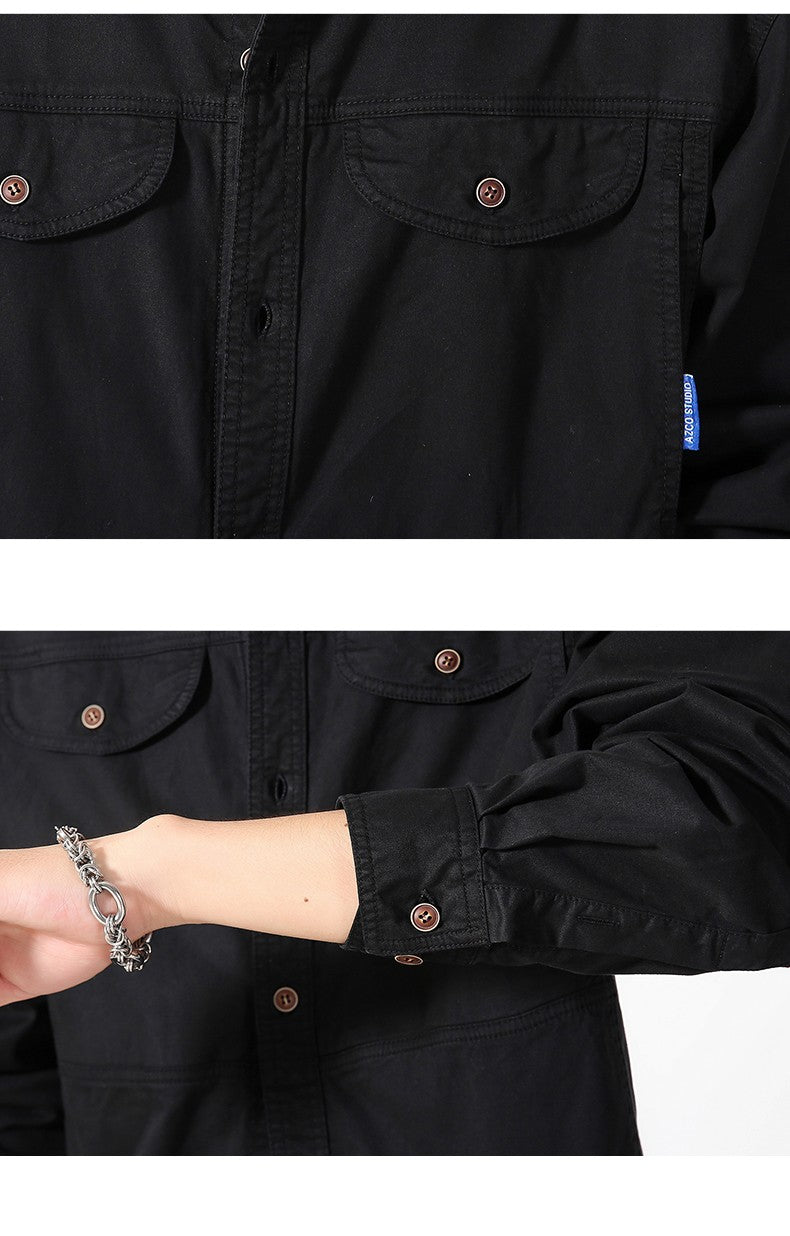 Men Slim Fit Turn-Down Collar Loose Cargo Shrit Spring Autumn Casual Wash Cotton Safari Style Jacket with Multiple Pockets Coat