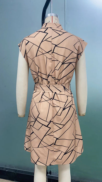 Women's Dresses Geometric Printed Elegant Casual v Neck Short Sleeve Summer Dresses Fashion Ladies Lace up dress Vestidos