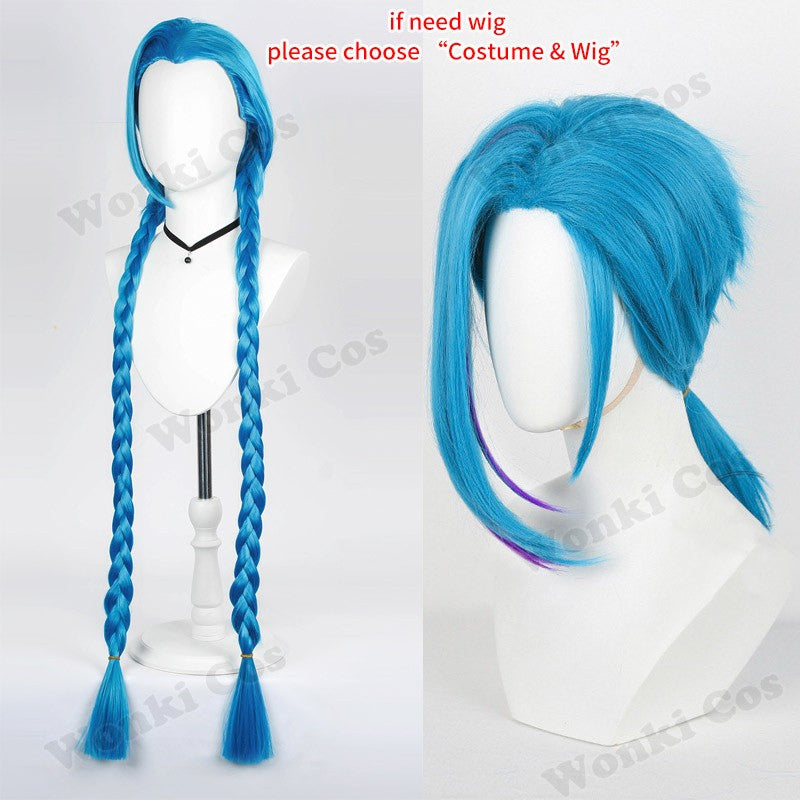 Peruca de Cabelo para Cosplay Arcane Jinx Traje Anime Sapatos Botas para Cosplay Jinx Feminino para Meninas, Mulheres, Role Play, Festa, Carnaval, Roupas