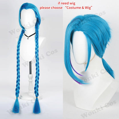 Peruca de Cabelo para Cosplay Arcane Jinx Traje Anime Sapatos Botas para Cosplay Jinx Feminino para Meninas, Mulheres, Role Play, Festa, Carnaval, Roupas