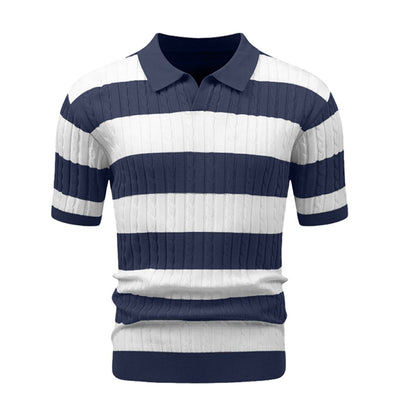 Men's Polo Short Sleeve Retro Knit Lapel Striped Short Sleeve Fashion Popular Knitwear Casual Breathable Top US Size