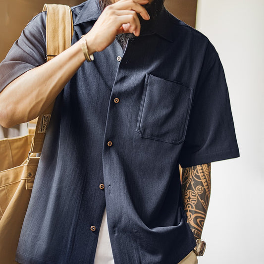 Maden Vintage Cuban Collar Short Sleeve Shirt Men Summer Loose Single-breasted  Solid Color Blouse with Chest Pocket Casual Tops