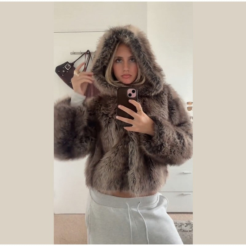 Warm Women's Hooded Faux Fur Cropped Coats Loose V-neck Full Sleeve Thicken Jacket Female 2025 Autumn Winter Lady Luxury Outwear