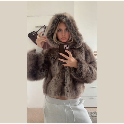 Warm Women's Hooded Faux Fur Cropped Coats Loose V-neck Full Sleeve Thicken Jacket Female 2025 Autumn Winter Lady Luxury Outwear