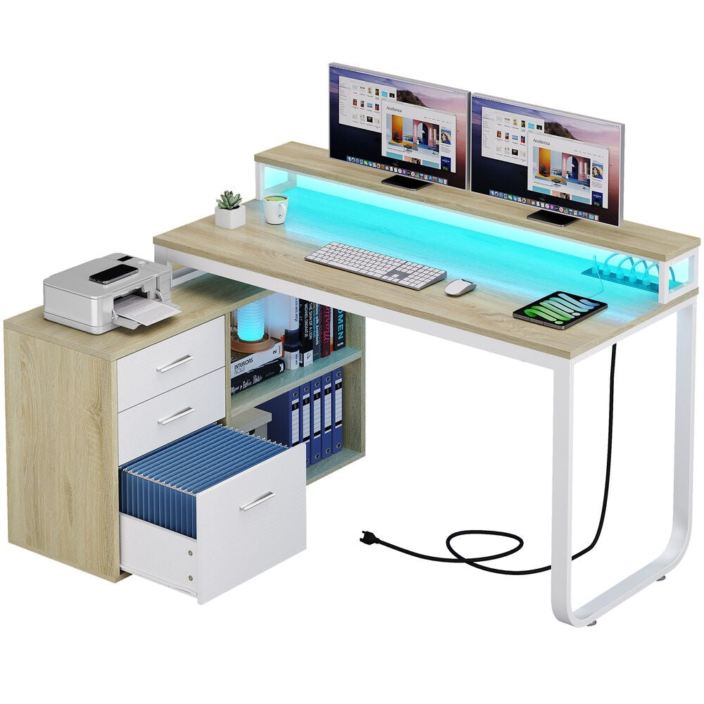 Mesa de computador para jogos em L com gavetas para arquivos para escritório em casa