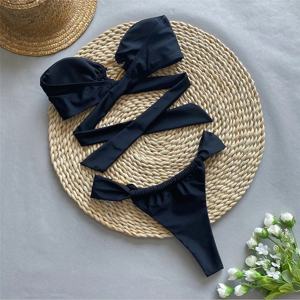 Solid Pink Bandeau Micro Bikini Thong Metal Ring Sexy Swimsuit Women Holiday Ladies Swimwear High Cut Bathing Suit Bikinis Sets