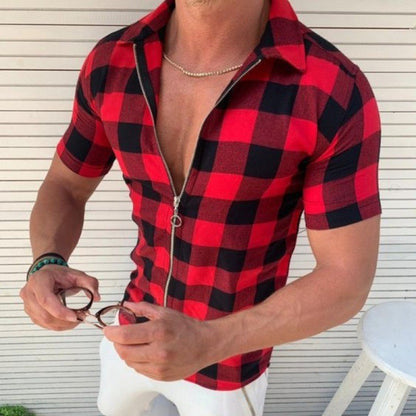 American Style New Retro Zipper Four Sided Elastic Grid Printed Top Men's Slim Fit Cardigan Casual Short Sleeved Shirt