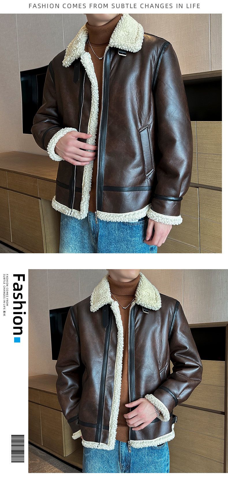 Autumn and winter warm thick leather jacket for men's trendy slim fit lapel motorcycle suit men's leather jacket
