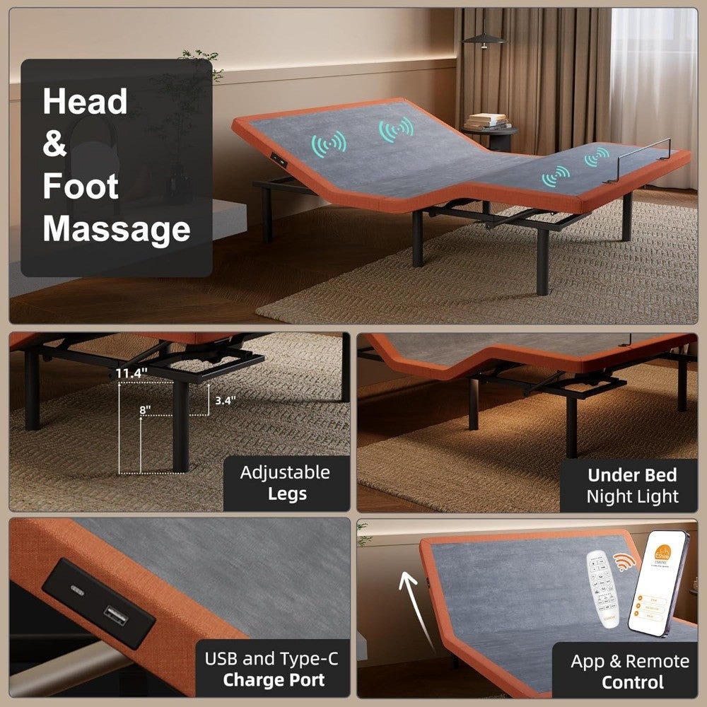 Base Ajustável para Cama Box com Massageador, Inclinação para Travesseiro, Inclinação Ergonômica, Gravidade Zero, Porta USB Dupla, Luz Noturna