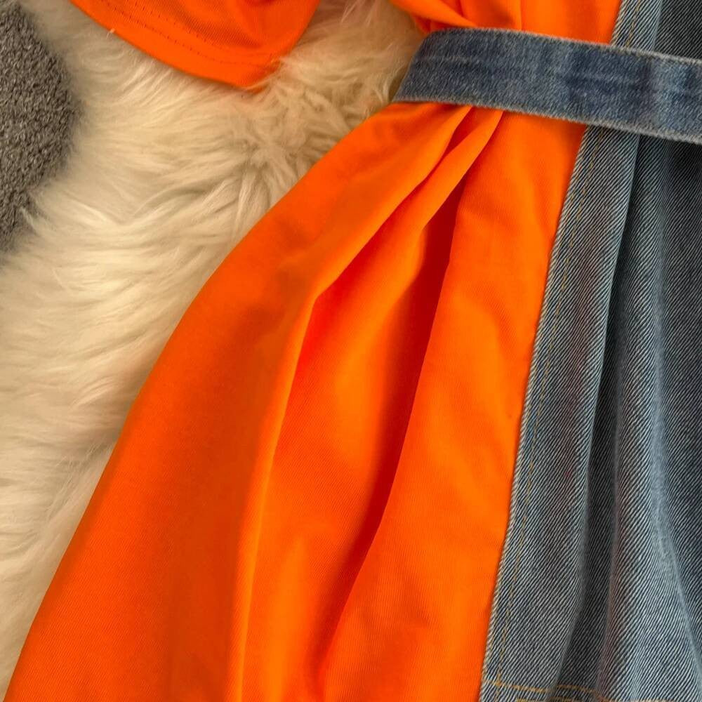 XFPV Women's Sweet high Waist Wrap Belt Round Neck patchwork Denim Shirt  Chic Top Y2k Korean Fashion Spring Summer 2025 SM11327