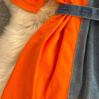 XFPV Women's Sweet high Waist Wrap Belt Round Neck patchwork Denim Shirt  Chic Top Y2k Korean Fashion Spring Summer 2025 SM11327