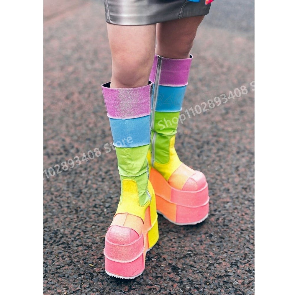 Lolita Cosplay Mutilcolor Thickness Mid Calf Boots Platform Wedges High Heel Women Shoes 2025 Fashion Sexy Zapatos Para Mujere