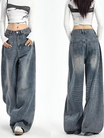 Retro High Waist Wide Leg Jeans Women Summer New plus Size Loose Slimming Pear ape Straight Leg Pants Casual Waed Blue