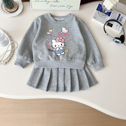 Autumn Baby Girls Clothes Set Kid Hello Kitty Printed Sweatshirts Pullover Top&Pleated Skirt 2pc Children Preppy Style Tracksuit