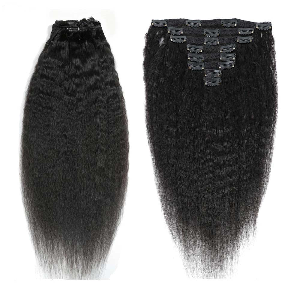 Extensões de Cabelo Humano Cacheado Liso 100% Não Processado Remy Clip-in Extensões de Cabelo com Trama Dupla de Pele Clip-in Para Mulheres Negras