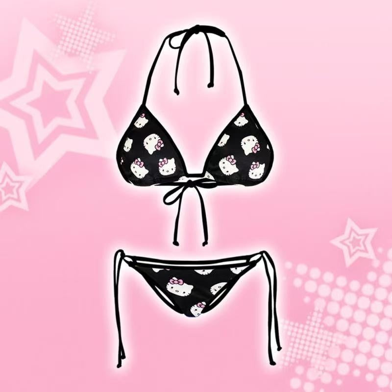 2Pcs Sanrio Cute Swimsuit Hello Kittys Girl Kawaii New Style Bikini Vacation Comfortable Two Piece Set Cartoon High End Gifts