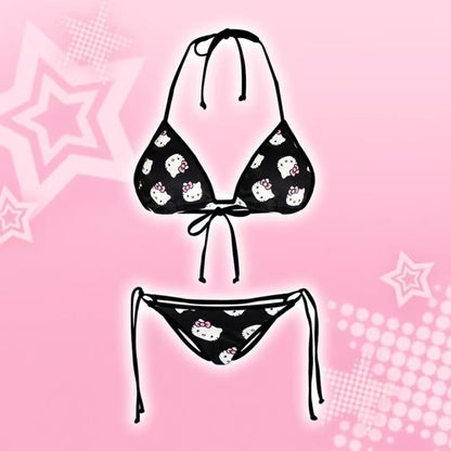 2Pcs Sanrio Cute Swimsuit Hello Kittys Girl Kawaii New Style Bikini Vacation Comfortable Two Piece Set Cartoon High End Gifts