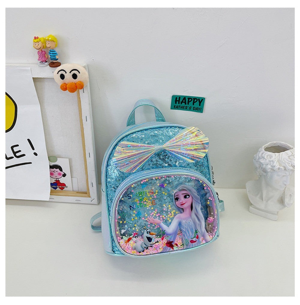 Mochila Mini de Glitter Princesa Elsa de Frozen da Disney, Linda com Laço de Lantejoulas, Bolsa Escolar de Jardim de Infância para Meninas, Desenho Animado Infantil, Mochila de Ombro Duplo