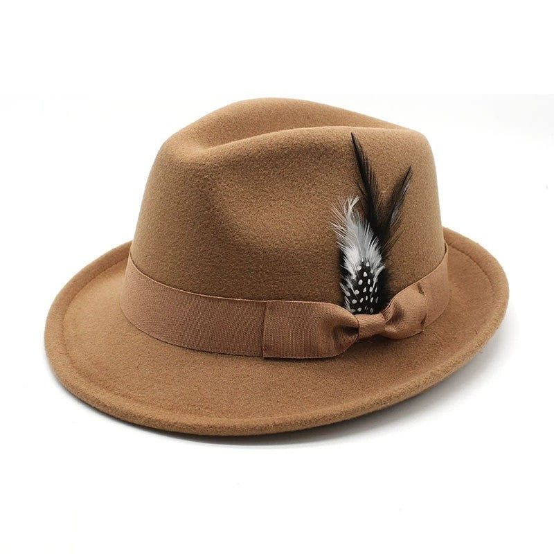 Bow-Knot Feather Hat Autumn and Winter Upturned Brim Hat Fashionable Men's and Women's Cashmere Felt Hat, Ethnic Style New Hat