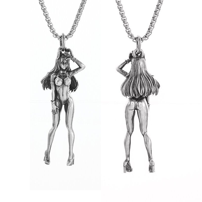Colar Pingente Menina Bonita Anime Mecha Banhado a Prata Joia da Moda Hip-Hop Rock Punk Presente para Homens e Mulheres
