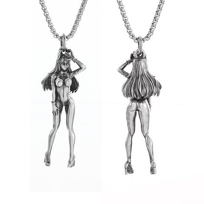 Colar Pingente Menina Bonita Anime Mecha Banhado a Prata Joia da Moda Hip-Hop Rock Punk Presente para Homens e Mulheres