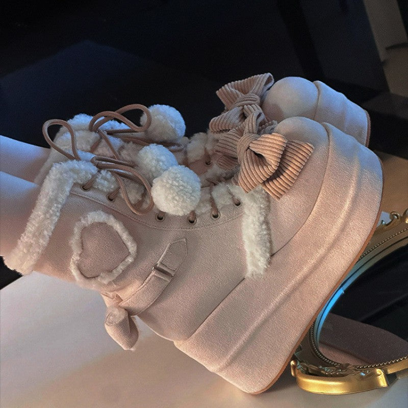 Sweet Winter Girls Lolita Mid-Calf Snow Boots,Cute Female Students Plush Warm Bowknots Lace Up Wedge Heel Heightening Shoes
