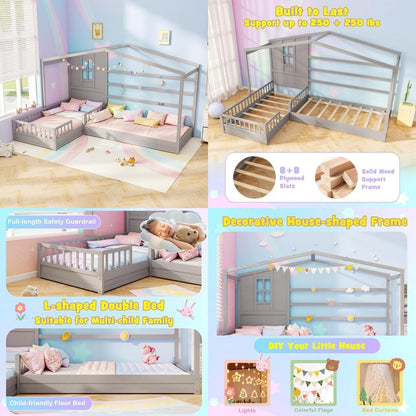 MAT EXPERT Cama de Madeira em Formato de Casa, L para 2 Crianças com Janela e Telhado, Cerca e Estrado, Cama Montessori de Chão Solteiro para Meninos, Meninas, Adolescentes