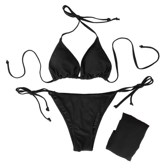 Women's Bikini Set Summer Beach Style Solid Black Lady's Sexy Swimsuit Bikini Three-Piece Set Triangle Bandage Female Beachwear