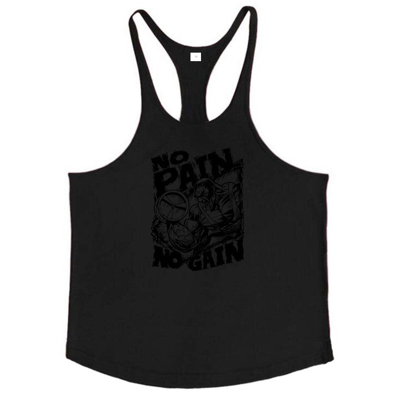 NO PAIN NO GAIN Print Gym Fitness T-Shirt Mens Bodybuilding Sport Sleeveless Vests Cotton Breathable Y-back Suspenders Tank Tops