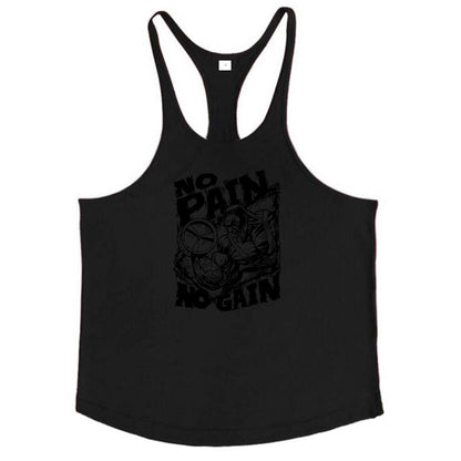 NO PAIN NO GAIN Print Gym Fitness T-Shirt Mens Bodybuilding Sport Sleeveless Vests Cotton Breathable Y-back Suspenders Tank Tops