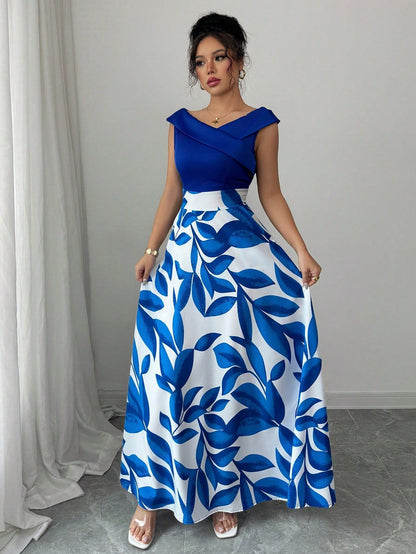 Women's Blue White Floral Maxi Dress Asymmetric Neckline Color Block Design Ideal for Evening Events Garden Parties Elegant Styl