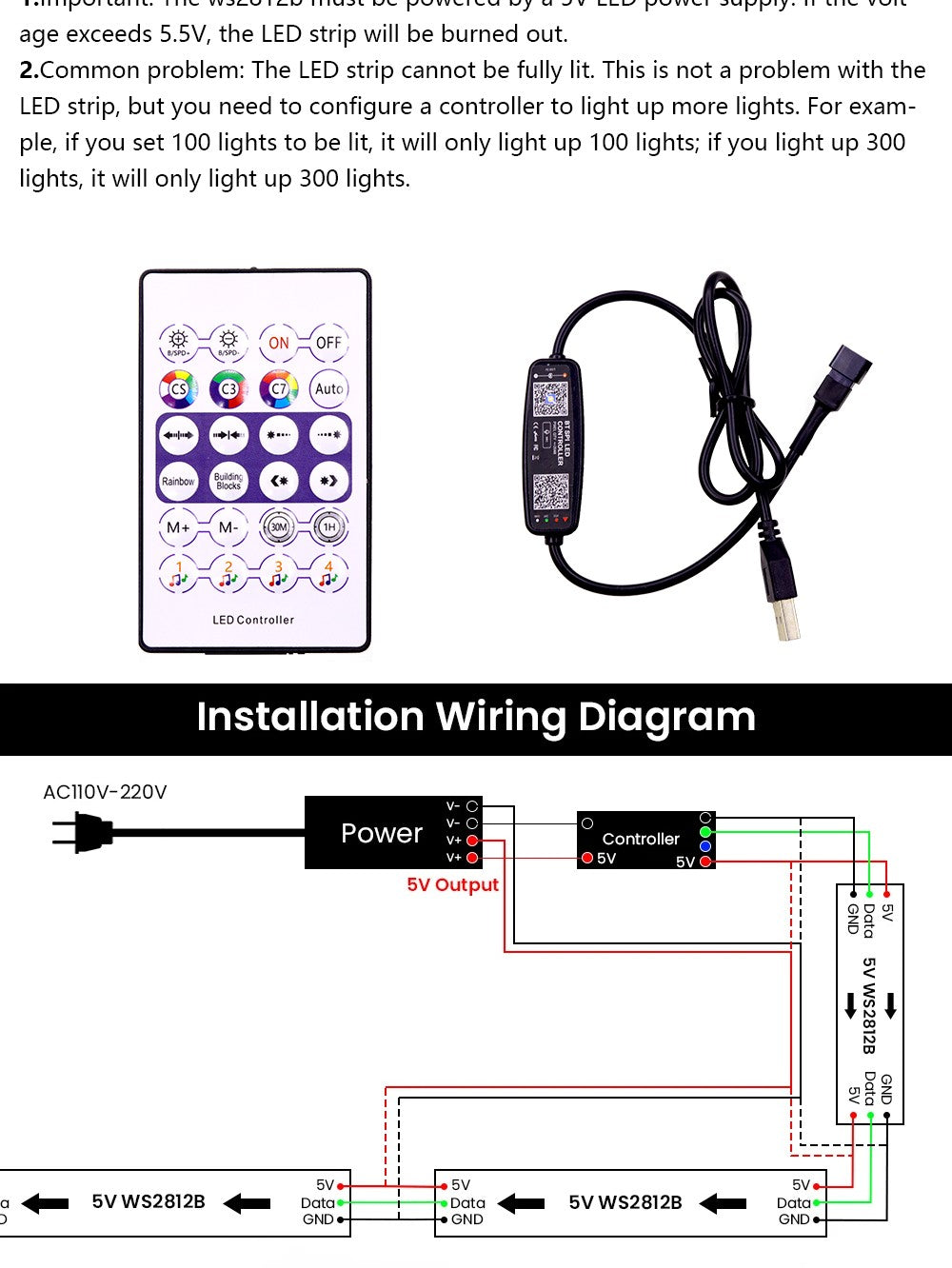 WS2812B LED Strip 5V 12V USB Bluetooth Music Controller Kit  Individually Addressable  RGB LED Strip 30/60/74/96/144Leds/m DC5V