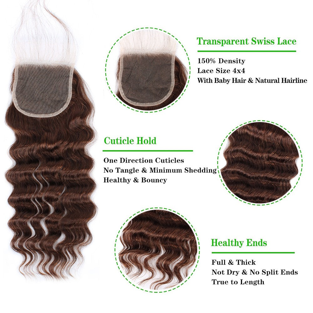 Cabelo Castanho com Fechamento, Cachos Soltos, Cabelo Humano Brasileiro Virgem 12A, Cachos Soltos e Profundos, Cabelo Cru
