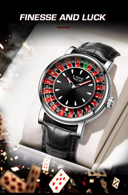 LIGE Quartz Man Watch Fashion Luxury Creative Roulette Game Dial Design Leather Casual Life Waterproof Watches for Men Gifts+Box