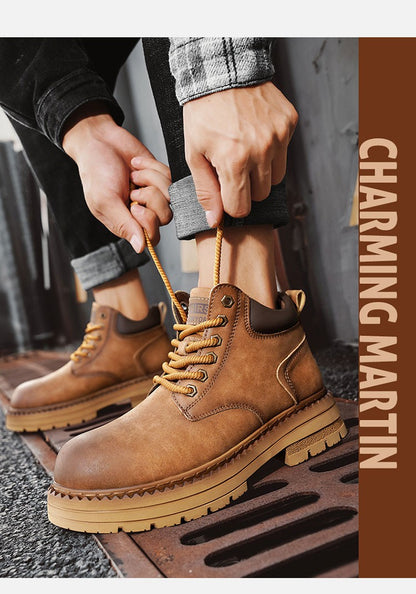 New Men's Casual High-top Boots, Anti-slip and Wear-resistant Thick-soled Height-increasing Shoes, Street Retro Work Boots
