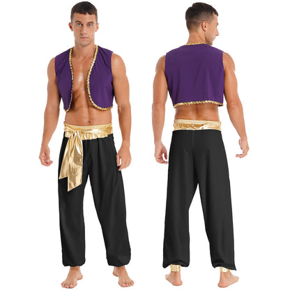Aladin Costume Men Arabian Prince Cosplay Dress Up Waistcoat Top Harem Pants Suit Halloween Theme Party Carnival Stage Outfits