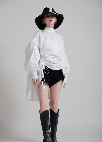 2025 Women Irregular Drawstring Big Size White Blouse New Stand Collar Long Sleeve Shirt Fashion Tide Spring Autumn