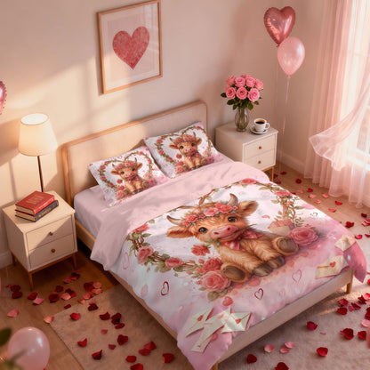 3pcs Pink Romantic Valentine's Day Highland Cow Print Coreless Bedding Set Multi Size Bedding Decoration Machine Washable