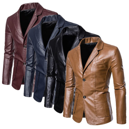 2024 New Men Business Casual Leather Jacket Black / khaki Fashion Male Suit Collar Coats Large Size 5XL Slim Fit Top