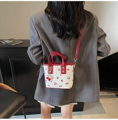 Women PU Cherry Shoulder Bag Large Capacity Trendy Commuting Bag with Cherry Pendant Stylish Crossbody Bag Aesthetic Handbag