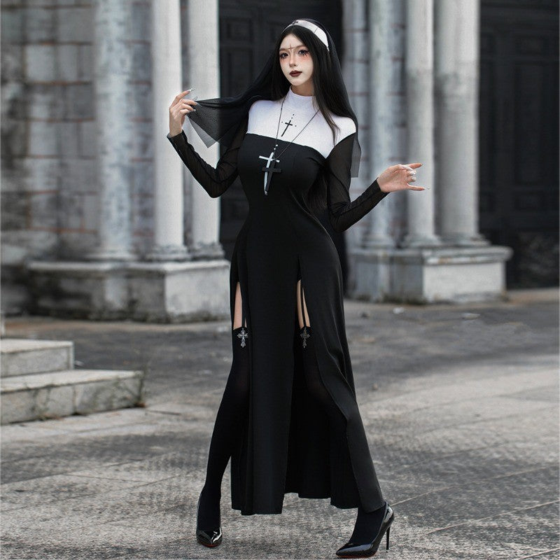 Sexy Nun Cosplay Costume Gothic Black Split Long Dress with Head Veil Halloween Carnival Party Fancy Dress for Women Nun