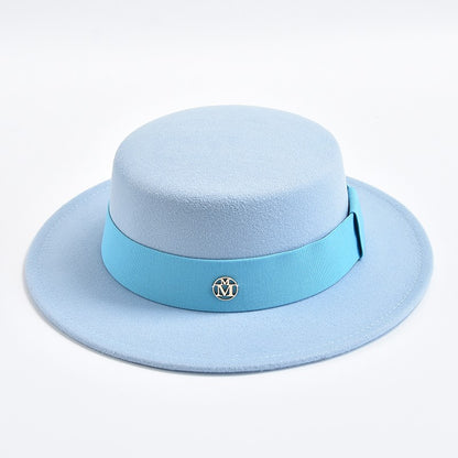 British Style Fedora Hats for Women Fashion Autumn Winter Flat Top Bow Elastic Ribbon Felt Hats Wedding Dress Jazz Cap
