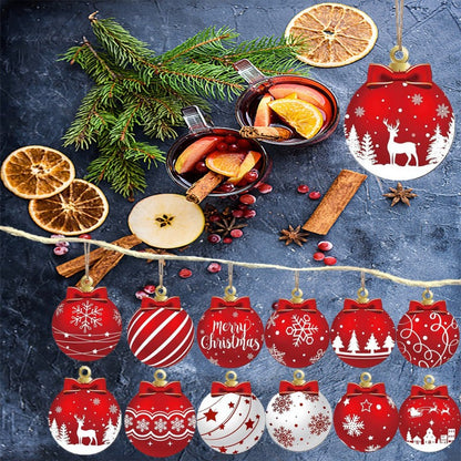 12pcs/set Red and White Wooden Christmas Ball Ornament, Elk Snowflake Pattern Christmas Party Hanging Decoration Supplies Winter