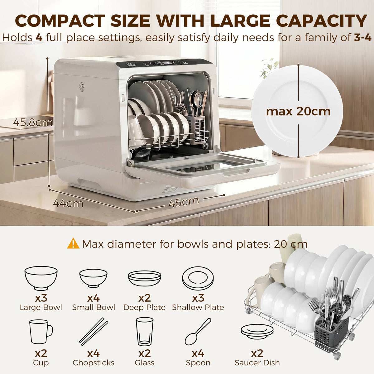 Homcom Portable Countertop Dishwasher, 6L Compact Mini Dishwasher with 1.6 Gal Built-In Water Tank, 5 Programs, Air-Dry Function, 158 ° F High-Temp, No Hookup Needed, 4 Place Settings for Apartments Rvs