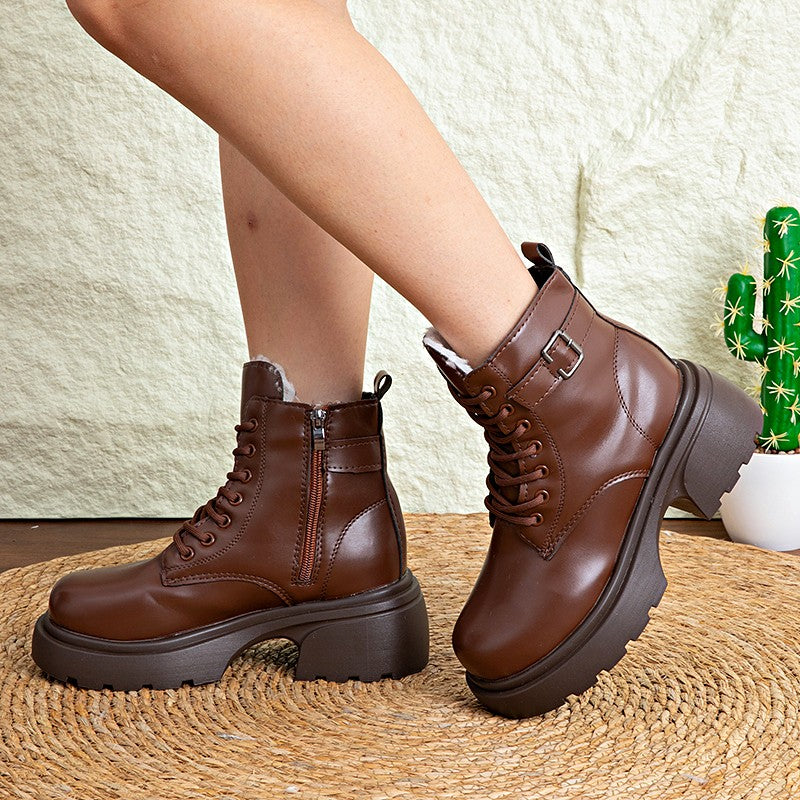 Brown Retro  Boots For Women British Style2025Autumn And Winter New Thick-Soled Height-Increasing Short Boots With