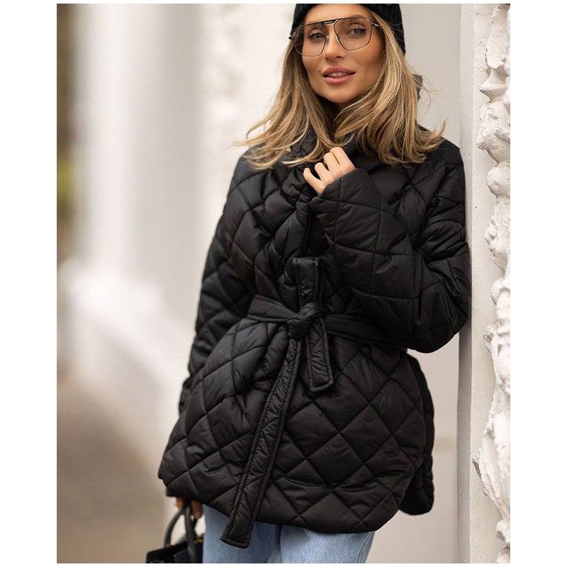 Solid Lapel Lace Up Cotton Coat Women Fashion Long Sleeve Warm Loose Pocket Short Coats Lady New Winter Commute Street Outwears